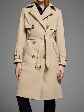 Women's Classic Beige Double-Breasted Trench Coat with Waist Tie